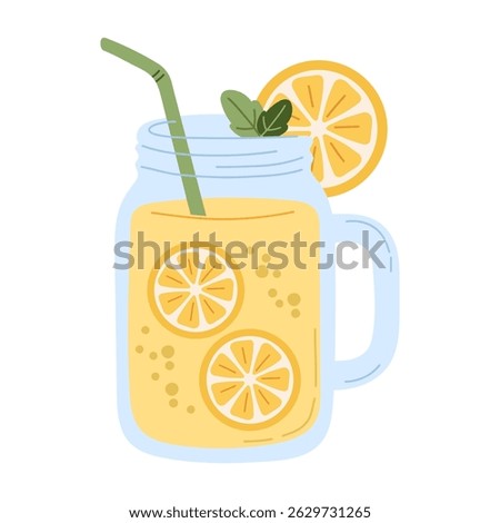 Lemonade vector illustration in mason jar with lemon slices, mint leaves, bubbles, and green straw, perfect for summer drinks menu, tropical cocktail design, fresh beverage advertisement.