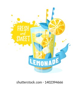 Lemonade - vector illustration. Modern banner with glass, ribbon and juice splash isolated on white background. Fresh and sweet summer drink with lemon slices, ice and mint.