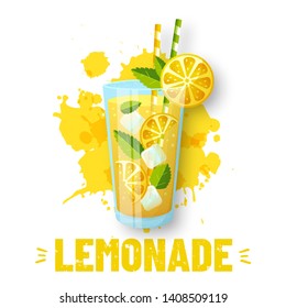 Lemonade - vector illustration. Modern banner with glass and juice splashes isolated on white background. Fresh and sweet summer drink with lemon slices, ice and mint