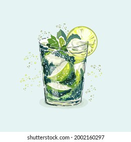 Lemonade vector illustration. Non alcoholic drink with Ice cubes, mint leaces and Lime fruit. Summer drink, soda cocktail isolated on white background.