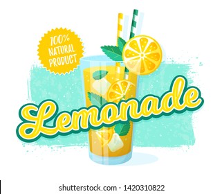 Lemonade - vector illustration. Retro banner with glass of refreshing drink and grunge background.