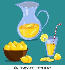 Lemonade vector set. Cartoon illustration with a pitcher, glass with juice, with sliced and whole lemons isolated on blue background.