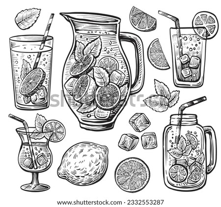 Lemonade vector sketch set. Hand-drawn vintage jug, jar, and glass with lemonade drink. Foto stock © 