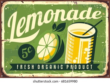 Lemonade vintage tin sign. Retro advertisement with lemon slice and glass of fresh lemonade.