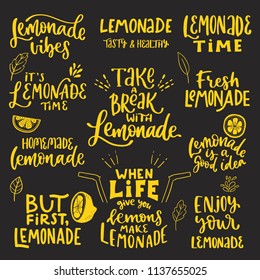 Lemonade word lettering. Modern calligraphy. Vector illustration. Hand written logos, labels, element for natural products, card, print, packaging, badges, quote poster