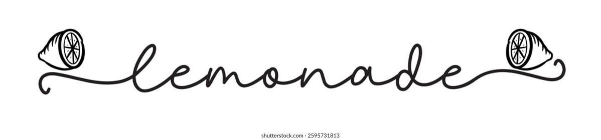Lemonade. Word typography design. Black text - lemonade on white background. Summer fresh juice drink. Vector lemonade illustration. Hand lettering for poster, label, logo, sign.