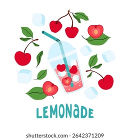 Lemonades, berry, ice cube and leaves icon. Summer square card with cherry. Bright seasonal background for cafes, menus, and advertisements. Food and drinks. Vector flat illustration.