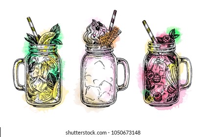 Lemonades and milkshake in mason jars. Beverage collection. Retro style ink sketch with watercolor spots isolated on white background. Hand drawn vector illustration.