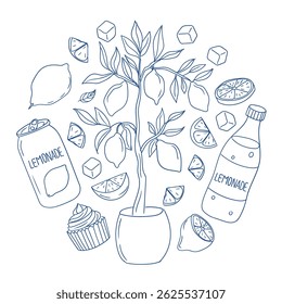 Lemonade-themed illustration featuring fruits, drinks, and dessert in a playful arrangement