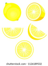 Lemon,citrus set. Modern flat cartoons style vector illustration icon. Isolated on white background. Ripe fresh cut in half. Lemon slice, half cut lemon and front view of cut ripe lemon. Citrus fruit.