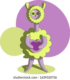 
Lemon-colored plush llama hugs a small purple heart.