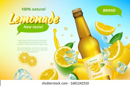 Lemone ads. Yellow flowing juice splashes and half of healthy fruits drinks advertising vector poster