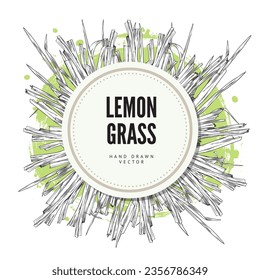 Lemongrass banner or label template for spices and oil packs design, engraving sketch style vector illustration isolated on white background. Lemongrass card or badge.