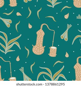 Lemongrass distillation and essential oil seamless pattern hand drawn vintage childish drawing background