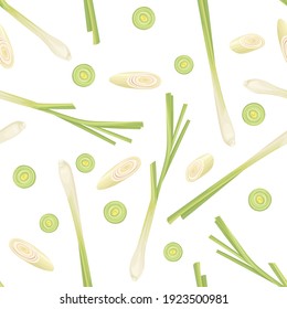 Lemongrass seamless pattern. Vector illustration of aromatic herb stems and slices in cartoon flat style. Spices background.