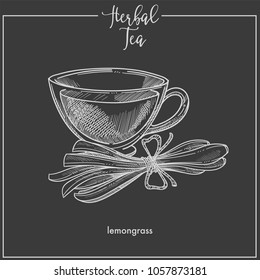 Lemongrass tea cup chalk sketch vector icon for herbal tea, cafeteria or packaging design template
