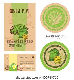 Lemon-lime meringue, eco-friendly packaging design and execution of a cafe, a paper bag, business card, sticker and beermat. Decorate your cafe.