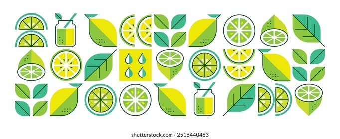 Limões. Resumo geométrico. Alimentos orgânicos. Design minimalista. Padrão moderno sem emenda com frutas cítricas, bebidas frescas e folhas. Ilustração do vetor de verão. Conjunto de ícones em estilo plano.