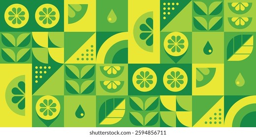 Lemons. Abstract geometric seamless pattern. Organic food. Tropical fruits, leaves and slices. Set of icons in simple flat style. Elements isolated on a white background. Vector illustration.