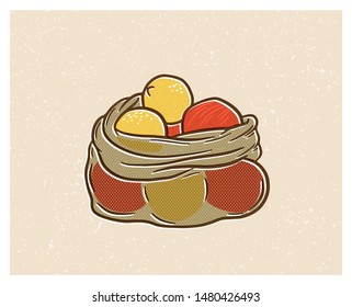 Lemons and apples in an eco-friendly storage bag. Zero waste. Vector illustration in vintage style.