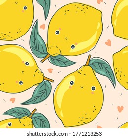 Lemons background. Hand drawn overlapping backdrop. Colorful wallpaper vector. Seamless pattern with fruits, hearts. Decorative illustration, good for printing