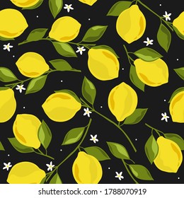 Lemons background. Hand drawn overlapping backdrop. Colorful wallpaper vector. Seamless pattern with fruits, flowers. Decorative illustration, good for printing