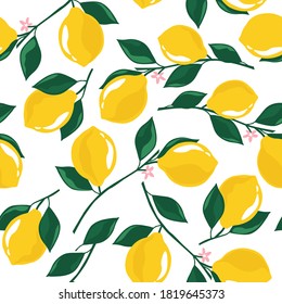 Lemons background. Hand drawn overlapping backdrop. Colorful wallpaper vector. Seamless pattern with fruits, flowers. Decorative illustration, good for printing