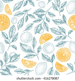 Lemons background. Linear graphic. Engraved citrus seamless pattern. Vector illustration