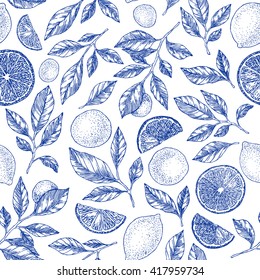 Lemons background. Linear graphic. Engraved citrus seamless pattern. Vector illustration