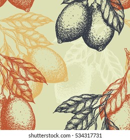 Lemons background. Linear graphic. Engraved citrus seamless pattern. Vector illustration
