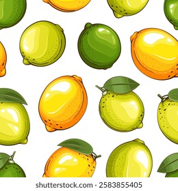 Lemons Background. Seamless Pattern with fresh fruits. Seamless pattern with citruses. Food Pattern. Fruits Background. Mixed fruits Pattern. Kitchen vibrant design. Hand drawn vector illustration