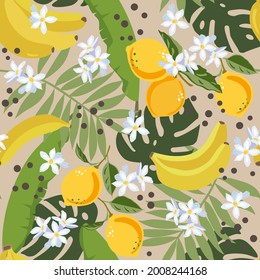 Lemons, bananas, palm leaves, exotic flowers. Tropical fruits, leaves, beige background. Simple background, vector design. For covers, fabrics, wrapping paper, notebooks, spider webs, backdrops, etc.