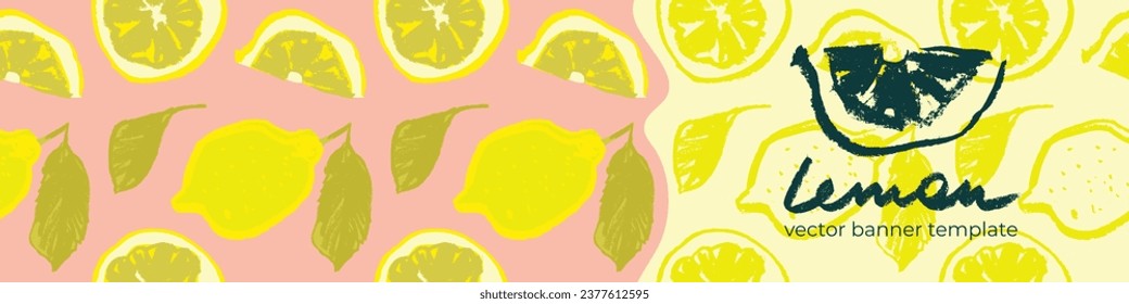 Lemons banner template with vector color lemon seamless pattern. Citrus fruit backdrop on pink background. Hand drawn lemons illustration. Lemon emblem with green leaves. Botanical fabric pattern.