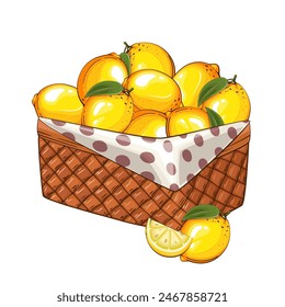 Lemons Basket. Basket of fruits vector illustration. Organic design concept. Hand Drawn Vector fruits collection. Basket with fruits. Farm products.
