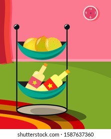Lemons and beverage bottles set in basket stand inside a decorated room with pink wall clock green floor carpet and red rug. Cute flat interior design of party scene with drinks and fruits. Room decor