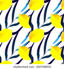 lemons with blue leaves seamless vector pattern, isolated on white background