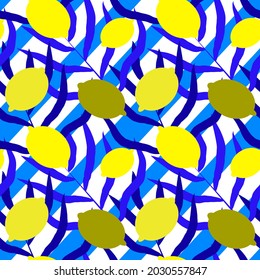 lemons with blue leaves seamless vector pattern, isolated on white blue background