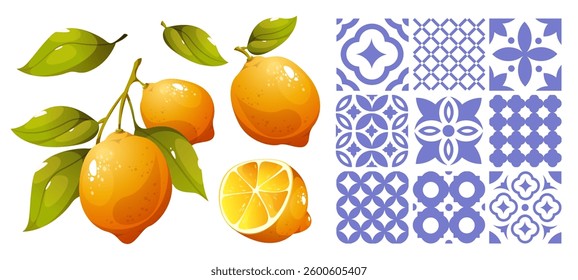 Lemons and blue Mediterranean tiles. Vector illustration of lemons and patterns for background, card, invitation and other designs
