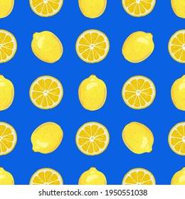 Lemons are bright.Fruits and slices on a blue background. Fruit pattern for textiles, fabrics, packaging paper, background, wallpaper.