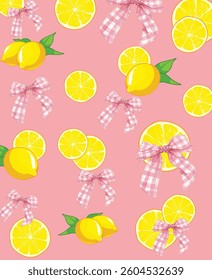 Lemons, Checkered Bows  Pattern vector