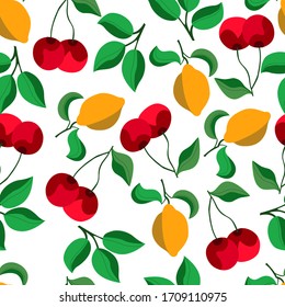 Lemons and cherries seamless pattern on white background. Vector graphics for the design of wallpaper, textiles, wrapping paper, cases for phones, notebooks, tablecloths, mugs.