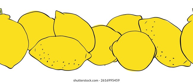 Lemons citric fruits seamless horizontal border. Hand drawn vector graphic line ink illustration. art for food design, recipe, cook book, packages, menu, food ads and decor

