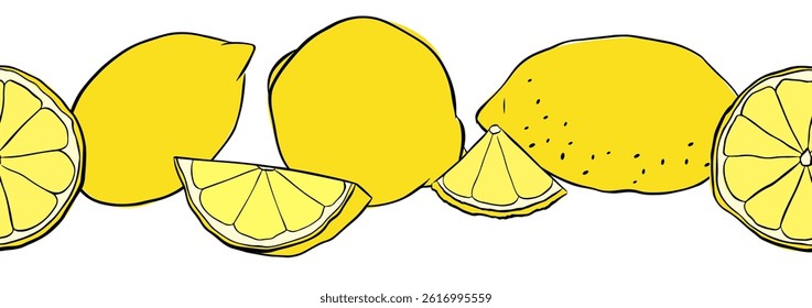 Lemons citric fruits whole and slices seamless horizontal border. Hand drawn vector graphic line ink illustration. Ideal for menu, package, cosmetic, textile, cards
