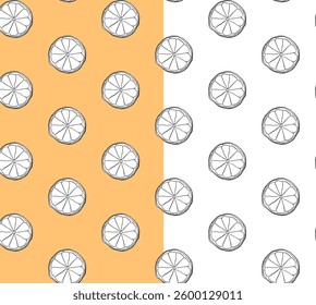 Lemons citric orange slices black and white seamless pattern. Vector graphic line ink yellow illustration on transparent background. fruit background for banners, print for fabric, labels