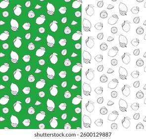 Lemons citric whole and cut with leaves seamless pattern. Vector graphic line ink black and white illustration on transparent background. Ideal for menu, package, cosmetic, textile, cards
