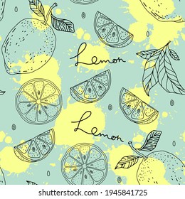 Lemons citrus doodle seamless pattern background vector