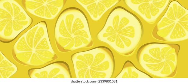 Lemons close up composition. Distorted fruit collection. Yellow banner, summer concept, surrealism and fantasy.
