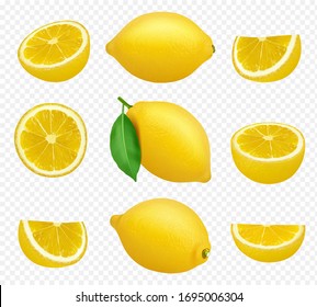 Lemons collection. Realistic picture of citrus yellow juice natural foods healthy natural products vector pictures