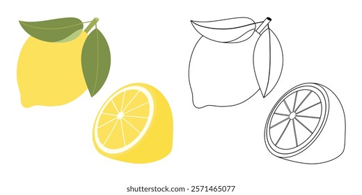 Lemons, coloring page. Vector illustration of fruits for kids. Children's coloring book with a color example. Outline.