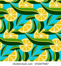 lemons cut with leaves seamless pattern, endless lemonade print